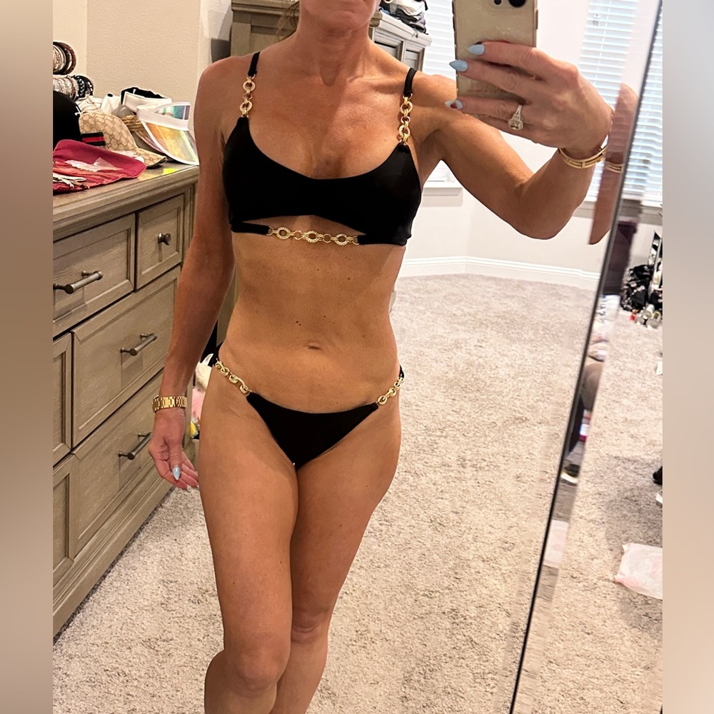 Bahimi Elegant Portofino Black Bralette Bikini with Gold & Pearl Chain Details